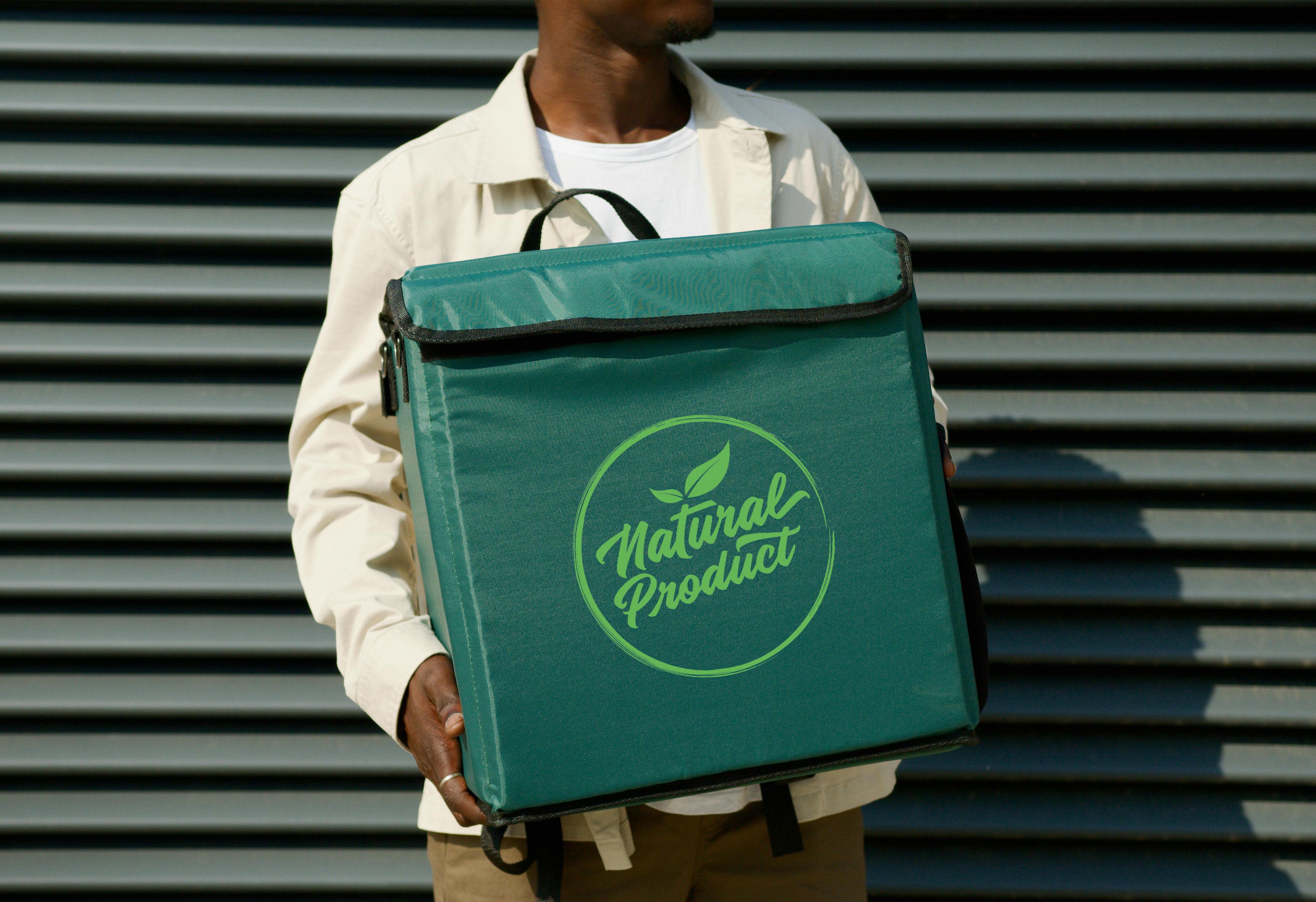 Insulated tote bag with a custom printed logo held in front of a modern striped wall